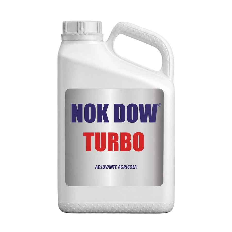 Bombona de Nok Dow Turbo, adjuvante agrícola, com rótulo prata e nome em azul e vermelho